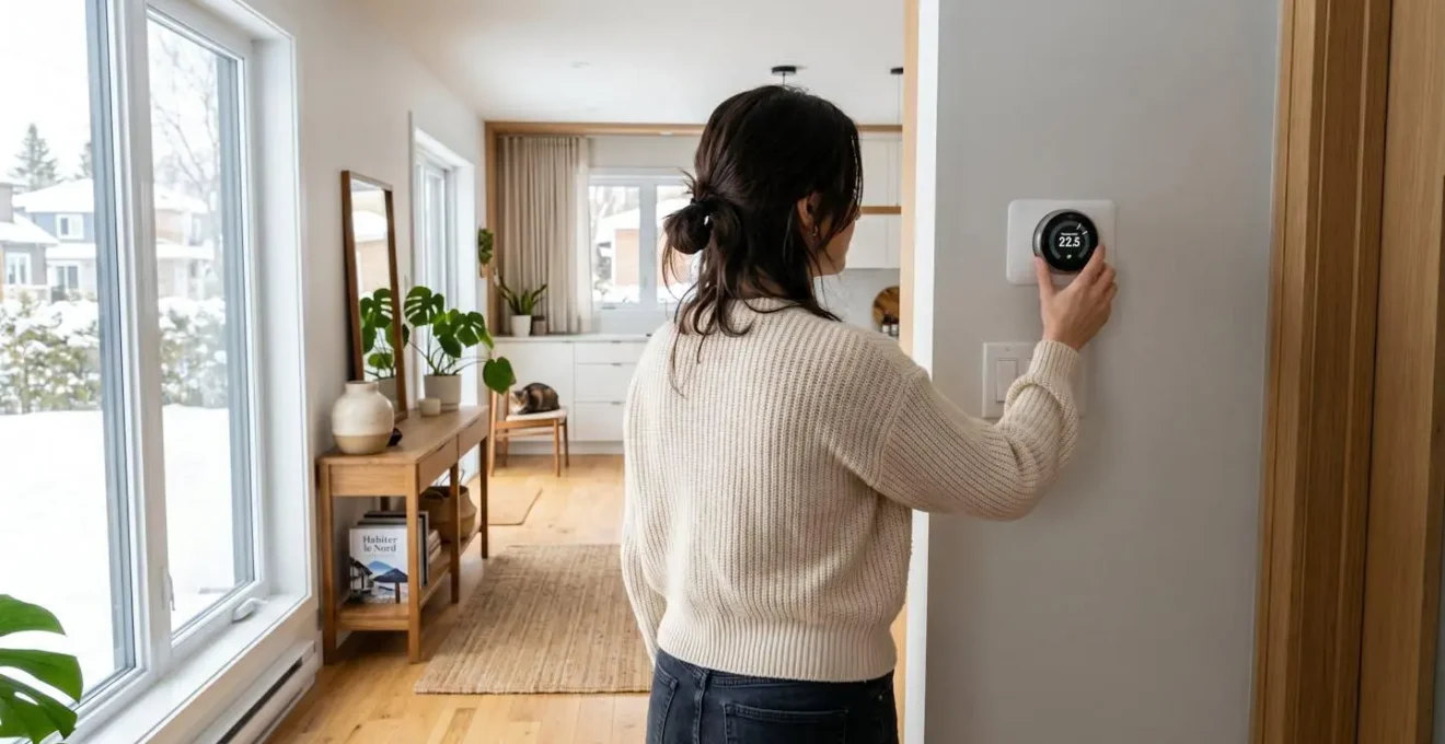 Personne vue de dos ajustant un thermostat programmable numérique dans un intérieur résidentiel moderne québécois, geste précis de la main, lumière naturelle ambiante