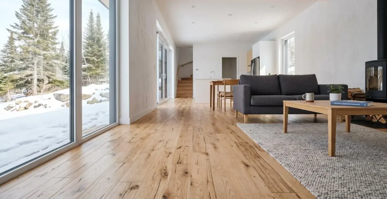 Plancher de bois franc chêne clair dans un salon moderne aux grandes fenêtres, lumière naturelle abondante, lignes épurées et espace vide