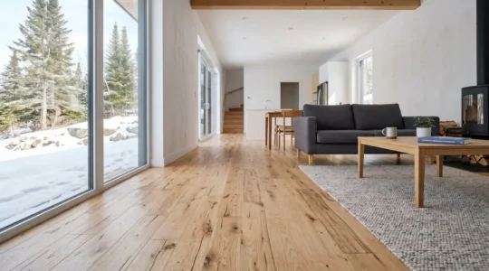 Plancher de bois franc chêne clair dans un salon moderne aux grandes fenêtres, lumière naturelle abondante, lignes épurées et espace vide