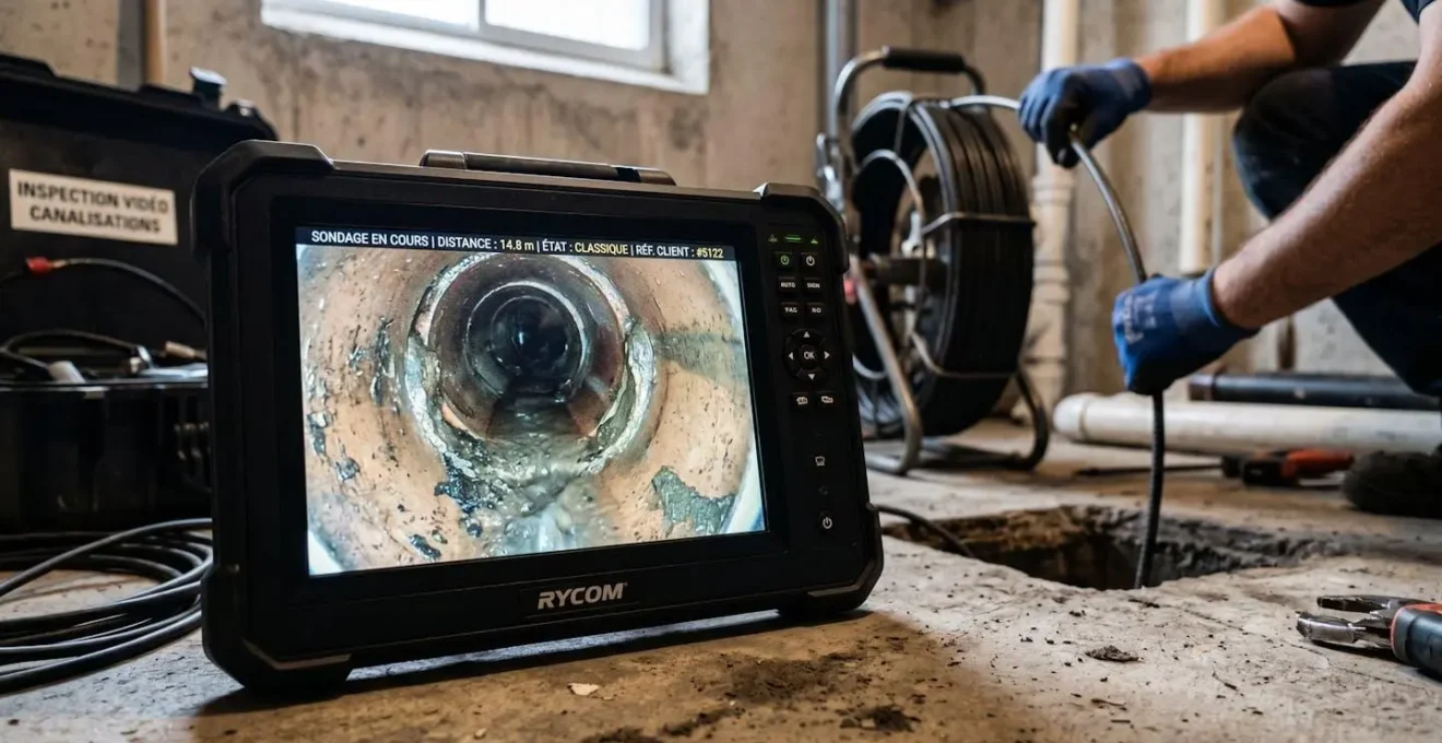 Écran de contrôle professionnel d'une caméra d'inspection de drain montrant l'intérieur d'une canalisation, manipulé par un technicien en environnement de travail réel
