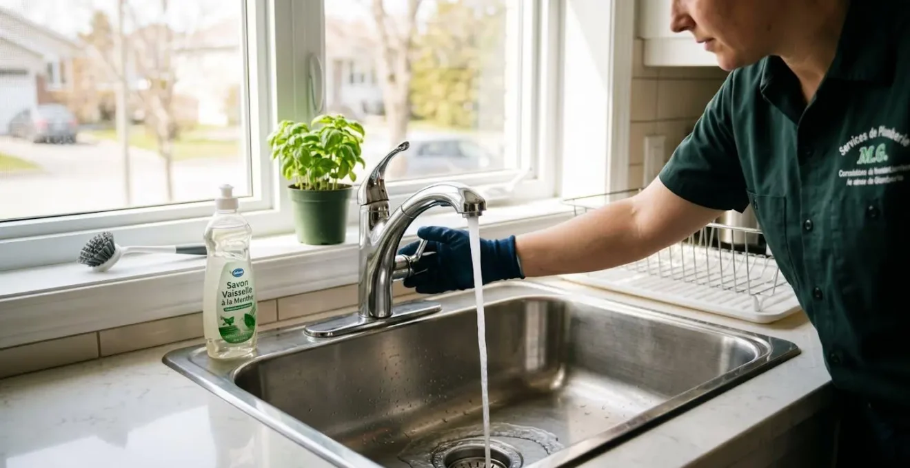 Main gantée d'un technicien plombier testant l'écoulement d'eau dans un évier de cuisine résidentiel après intervention de débouchage, avec lumière naturelle