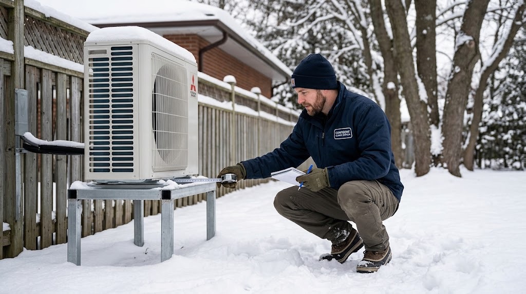 Technicien accroupi mesurant l'espace de dégagement autour d'une thermopompe extérieure sur un support surélevé dans la neige.