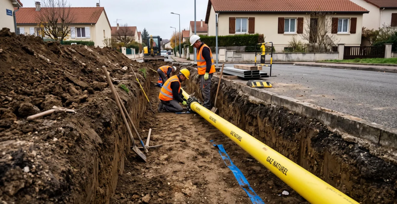 Canalisation jaune de gaz naturel installée dans une tranchée lors de travaux d'extension du réseau de distribution