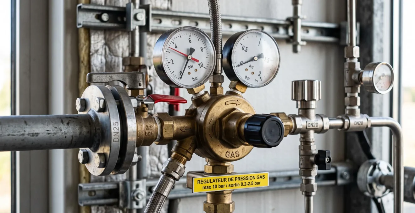 Système de régulation de pression avec détendeur et vannes pour installation gaz professionnelle