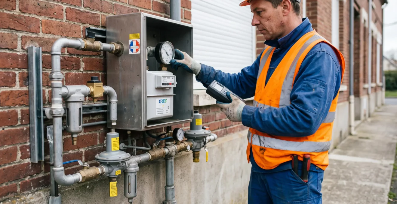 Technicien contrôlant un compteur de gaz naturel et son système de régulation sur un bâtiment professionnel