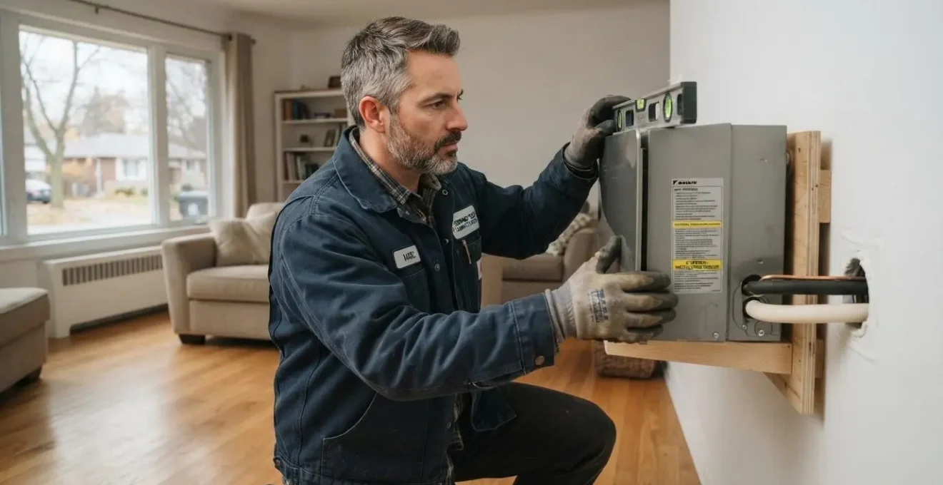 Technicien certifié installant une unité murale de thermopompe dans le salon d'un bungalow canadien en automne.