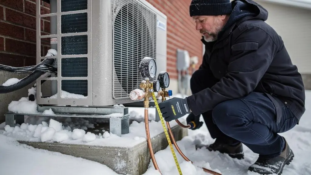 Technicien accroupi mesurant l'espace de dégagement autour d'une thermopompe extérieure sur un support surélevé dans la neige.