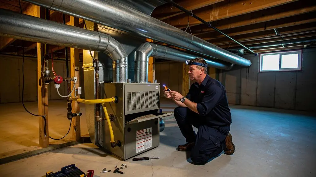 Technicien agenouillé vérifiant une connexion de gaz sur une fournaise centrale dans un sous-sol canadien avec conduits apparents.