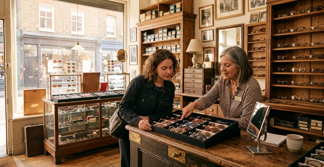 Un client et un vendeur examinent des lunettes vintage dans une boutique spécialisée