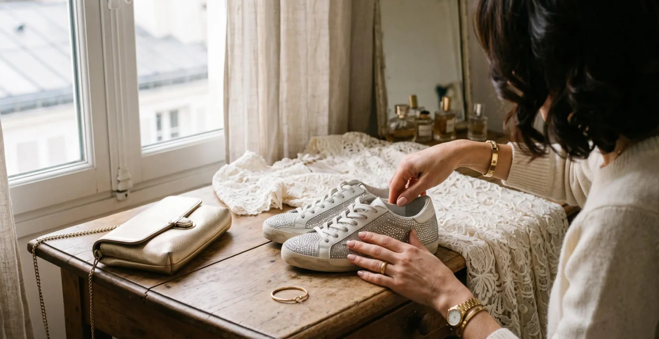 Des mains préparent des baskets scintillantes avec une tenue élégante.