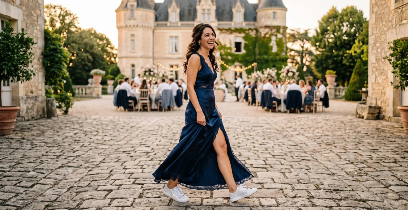 Une femme en robe de soirée porte des baskets scintillantes lors d'un mariage.