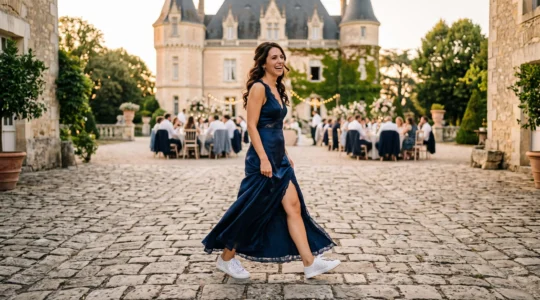 Une femme en robe de soirée porte des baskets scintillantes lors d'un mariage.