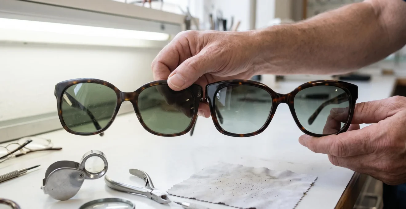 Deux paires de lunettes papillon comparées côte à côte par un opticien