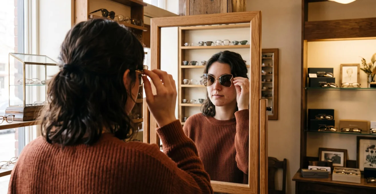 Une femme essaie des lunettes papillon devant un miroir en boutique