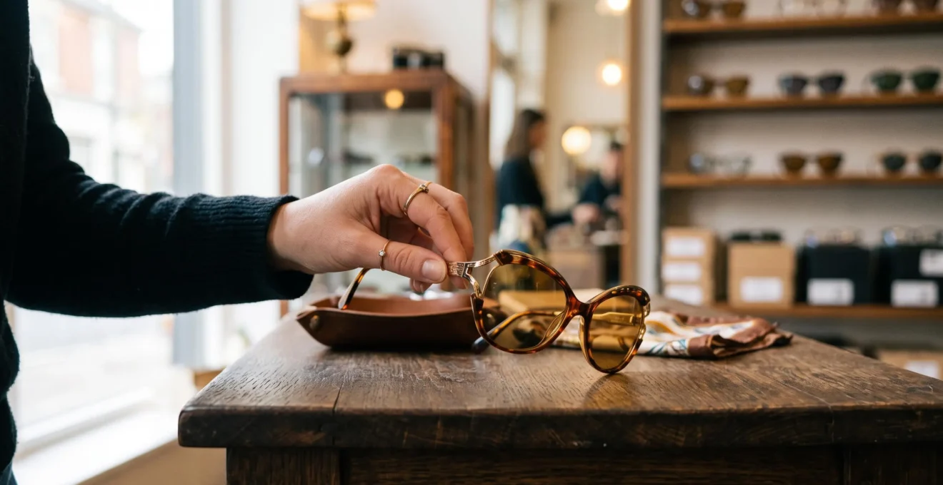Des lunettes de soleil papillon vintage posées sur le comptoir d'un opticien